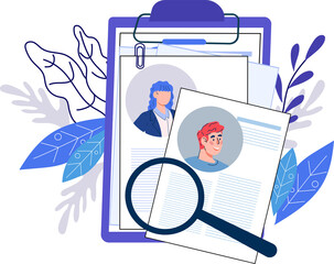 Hiring and recruitment, job search and CV resume concept with magnifier and job candidates resumes.