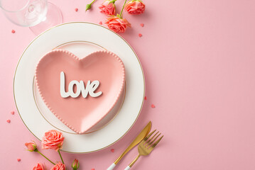 Passionate dinner setting: Top view of an elegant table arrangement with heart-shaped plate, cutlery, wineglass, roses, and 