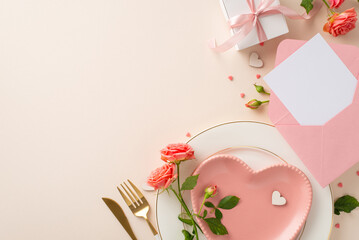 Love-inspired dinner scene adorned with top view heart-shaped plate, cutlery, and letter in envelope. Exquisite roses, gift box, themed decor enhance pastel beige setting, creating intimate ambiance