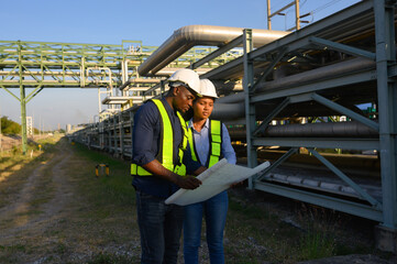 Male and female engineers check the drawing system inspection with the real pipe system of the new...