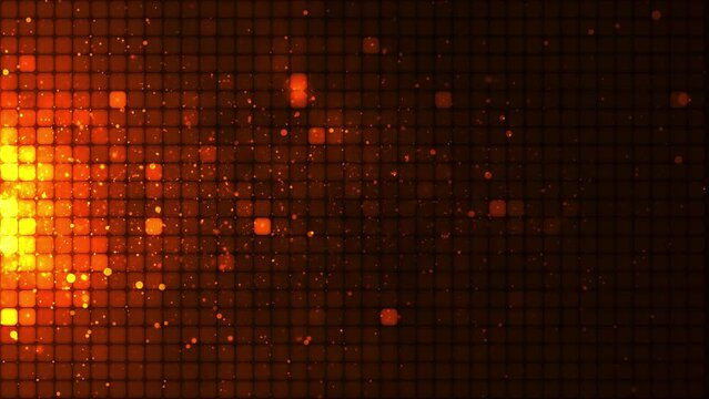 Abstract bright mosaic background. Abstract orange LED background with motion dots. Technology digital square sparkling color background. Yellow pixel grid background. Animation of a geometric design 