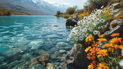 A featuring a crystal-clear lake surrounded by vibrant wildflowers.. Generative ai.
