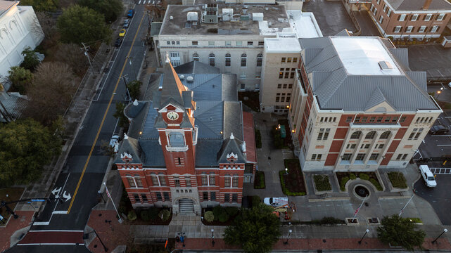 Aerial view of Downtown Wilmington during sunrise.