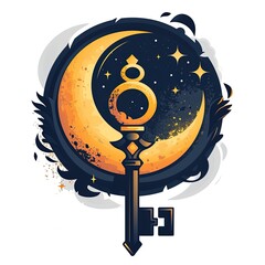 logo design of crescent moon key , tshirt mockup logo