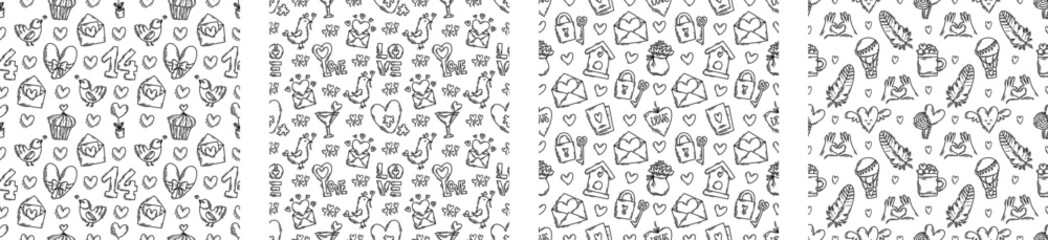 The love theme doodle style seamless pattern in black and white, Valentines Day hand-drawn icons with a simple engraving retro effect. Romantic mood, cute symbols and elements backgrounds collection.