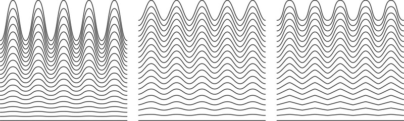 A collection of wavy zigzag horizontal wiggly lines, seamless borders, and smooth and angular graphic design elements set on a white background.