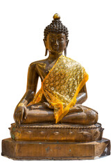 Statue of the seated Maravijaya Buddha Image with cloth isolated on transparent background. This is the faith of Buddhist in Thai Buddhism religion in Thailand.