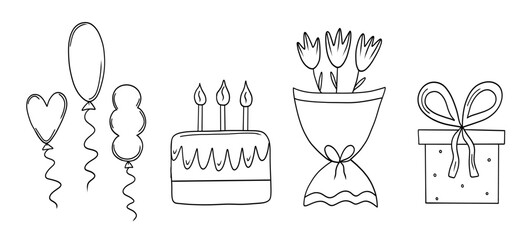 Set with birthday cake and balloons in hand drawn doodle style