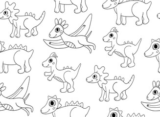 Kids seamless pattern with cute dinosaurs in doodle style