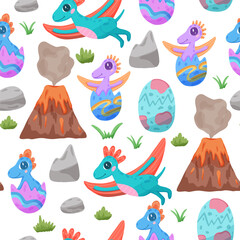 Kids seamless pattern with dinosaurs and volcano © Yulia Zelinskaya