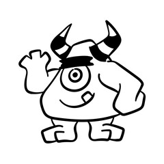 Handdrawn doodle coloring page Cute Monster Comic joyful monster character kids cartoon character design for poster, kids product logo, mascot, print on demand and packaging design