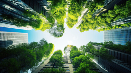 Eco-friendly building in the city, modern building reflects nature and, sustainable glass building for reducing heat and carbon dioxide, Office building with a green environment, Blurred image