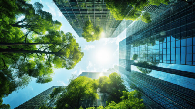 Eco-friendly building in the city, modern building reflects nature and, sustainable glass building for reducing heat and carbon dioxide, Office building with a green environment, Blurred image