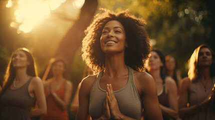 Group of multiethnic women stretching arms, Outdoor Yoga Class Focused on Breathing and Arm...