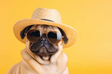 Funny pug dog with sunglasses and summer straw hat on yellow background
