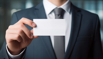 a business man is holding a blank business card