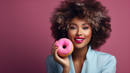 african american woman holding donut isolated on pink background, junk unhealthy food diet concept...