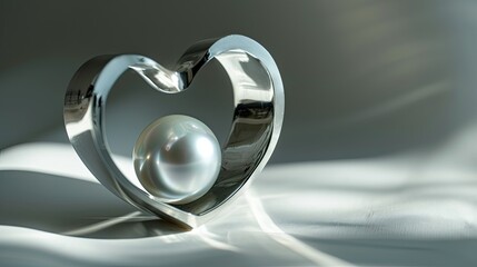 A pure, white space with a single, perfect pearl resting in the curve of a metal heart.