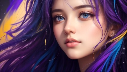 Fototapeta premium Vibrantly-haired girl stands in front of a purple background, lit up by neon lights.