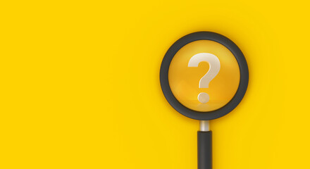 Magnifying glass with question mark on yellow background, search, question answer, problem or business solution concept.
