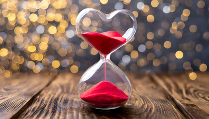 Hourglass in heart shape with red sand - obrazy, fototapety, plakaty