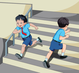 Two boys running up and down on the stairs vector illustration