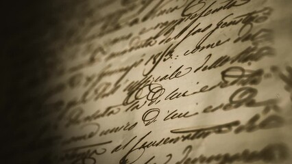 Old Retro Handwritten Letter Background/ 4k motion graphics of an ancient vintage 1800s background with ink pen manuscript letter close up and depth of blur and grain texture effects