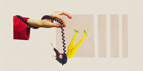 Contemporary art collage. Girl hangs on telephone cord like puppet and hand manipulates and...