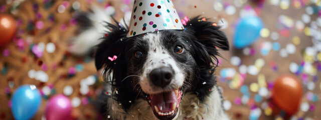 Happy cute dog in party hat