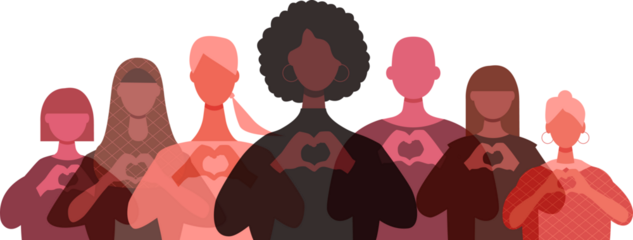 Diverse women with heart-shaped hands stand together.