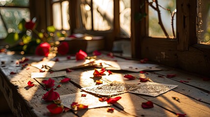 A rustic wooden table adorned with vintage Valentine's cards, lace doilies and scattered rose petals.  - obrazy, fototapety, plakaty