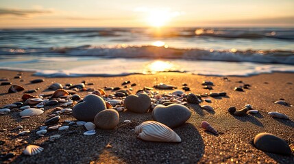 Fototapeta na wymiar A serene beach setting at sunset, with heart-shaped stones and seashells arranged in the sand. 