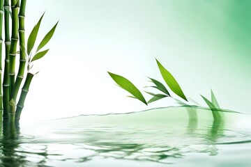 Fototapeta na wymiar banner with green bamboo leaf on white transparent water wave in sunlight, concept with copy space for travel, cosmetics and beauty 