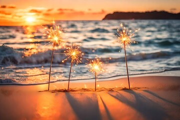 burning sparklers on beautiful sand beach during romantic sunset, miracle candles on blurred seascape background, celebrate an event for two in nature, party on the beach concept  