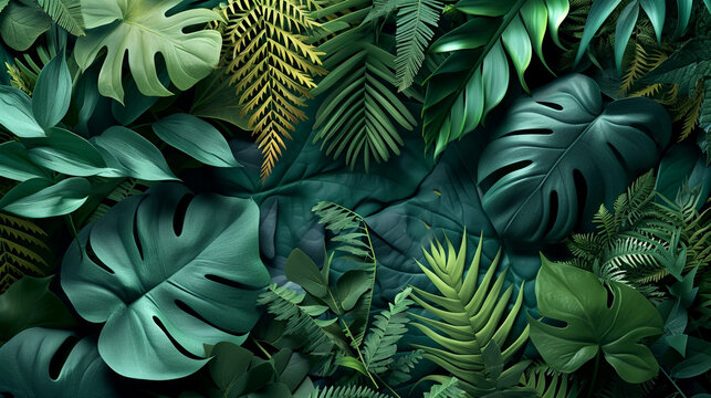 3D illustration images of foliage from tropical plants that fill space in high density.