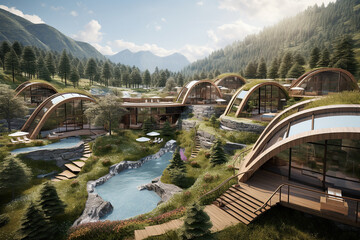 Sustainable mountain resort with natural water features and organic architecture nestled in a forested valley. - obrazy, fototapety, plakaty