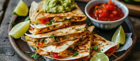 Mini chicken quesadillas made at home with salsa and guacamole. - obrazy, fototapety, plakaty