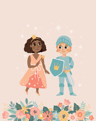 An adorable vector illustration of a princess and a knight, perfect for a poster in a child's room.