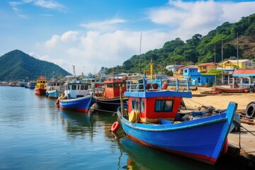 A traditional fishing village with colorful boats lined up along the shore