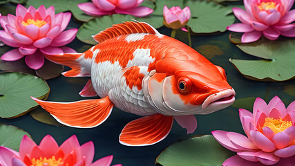 bright colorful Japanese carp in a pond with pink lotus flowers. colorful fish in the water - obrazy, fototapety, plakaty