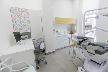 Modern Dental office. equipment at dental office. Dental chair and other accessories. Dental clinic equipment.