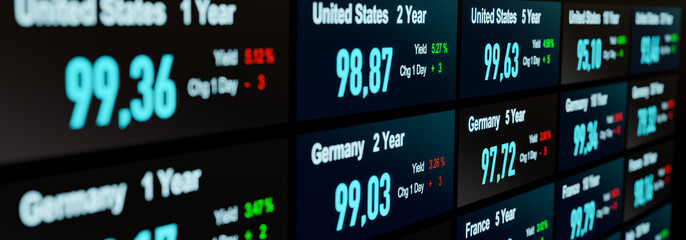 Germany and United States government bonds, yield and price information. Bond market trading, interest rates, treasury bonds, investment.