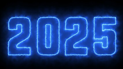 2025 text font with neon light. Luminous and shimmering haze inside the letters of the text Happy New Year 2025. 2025 Chirstmas.