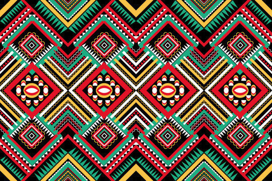 ethnic design pattern seamless tribal India green red black white geometric shapes colored triangles arranged together
design for paints Textile carpet  
