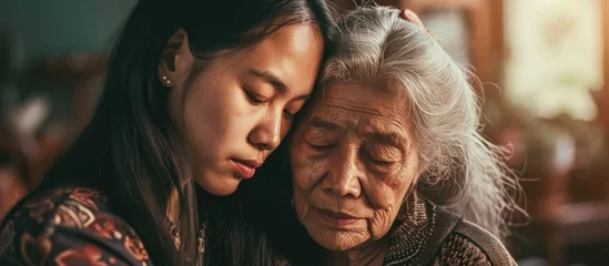 Rolgordijnen Asian daughter comforting elderly mother with mental illness © 2rogan