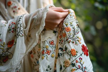 A woman's hand holding embroidered fabric. Beautiful floral embroidered fabric. Hands of a person with knitting