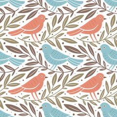 Hand drawn seamless pattern with decorative birds and branches Nature floral forest seamless pattern