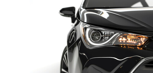 Closeup on headlight of a generic and unbranded black car on a white background