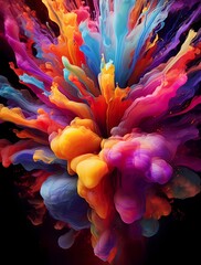 A captivating display of liquid fireworks, where bursts of vibrant colors explode and dance in a 3D abstract space, creating an immersive experience of fluid beauty