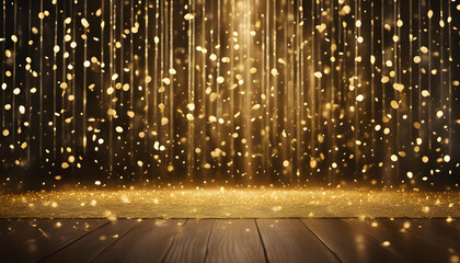 Golden confetti raining down on festive stage with beam of light - empty room night mock-up for awards ceremony, anniversary, New Year's Eve party or product presentation